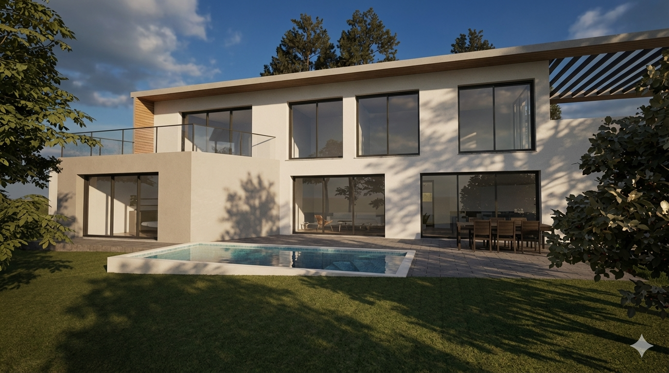 La même maison après traitement par Nano Banana, rendu photoréaliste avec ombres et végétation