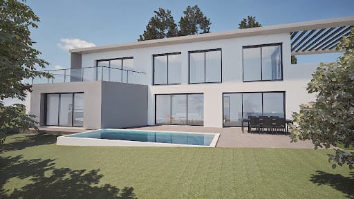 Rendu 3D brut d'une maison contemporaine à étage avec piscine, avant passage par l'IA