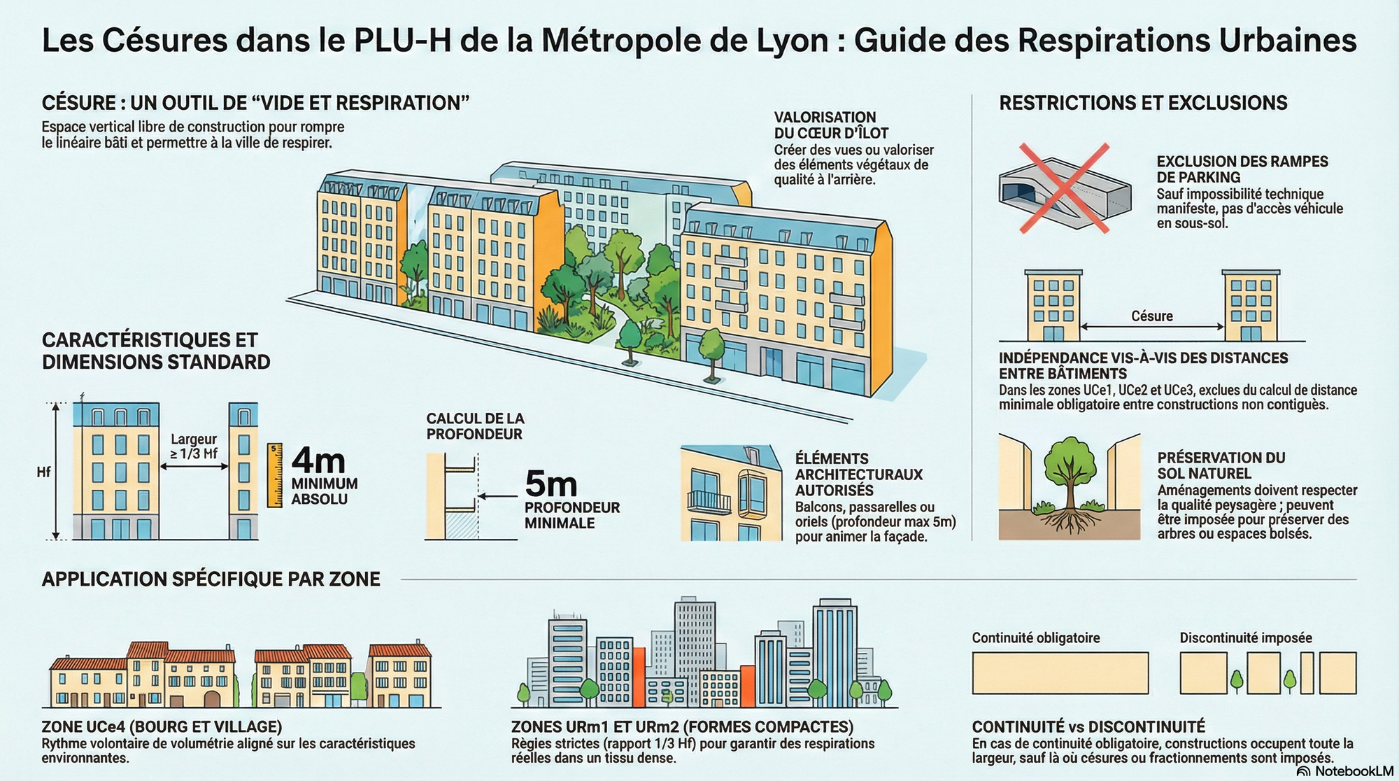 Infographie générée par NotebookLM sur les césures du PLU-H de la Métropole de Lyon : dimensions minimales, restrictions et application par zone