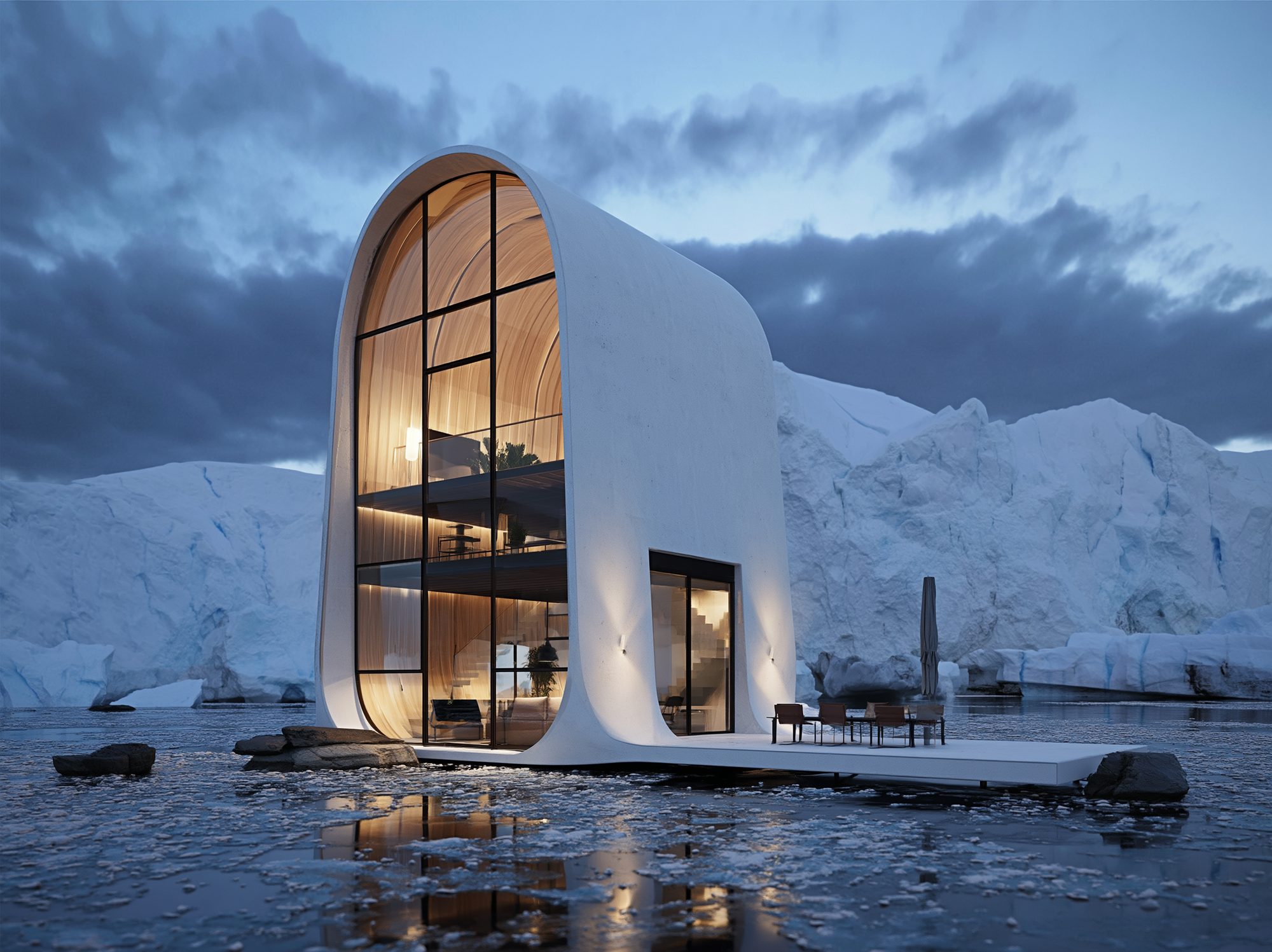 Villa minimaliste futuriste générée par Midjourney V8 pour explorer une volumétrie