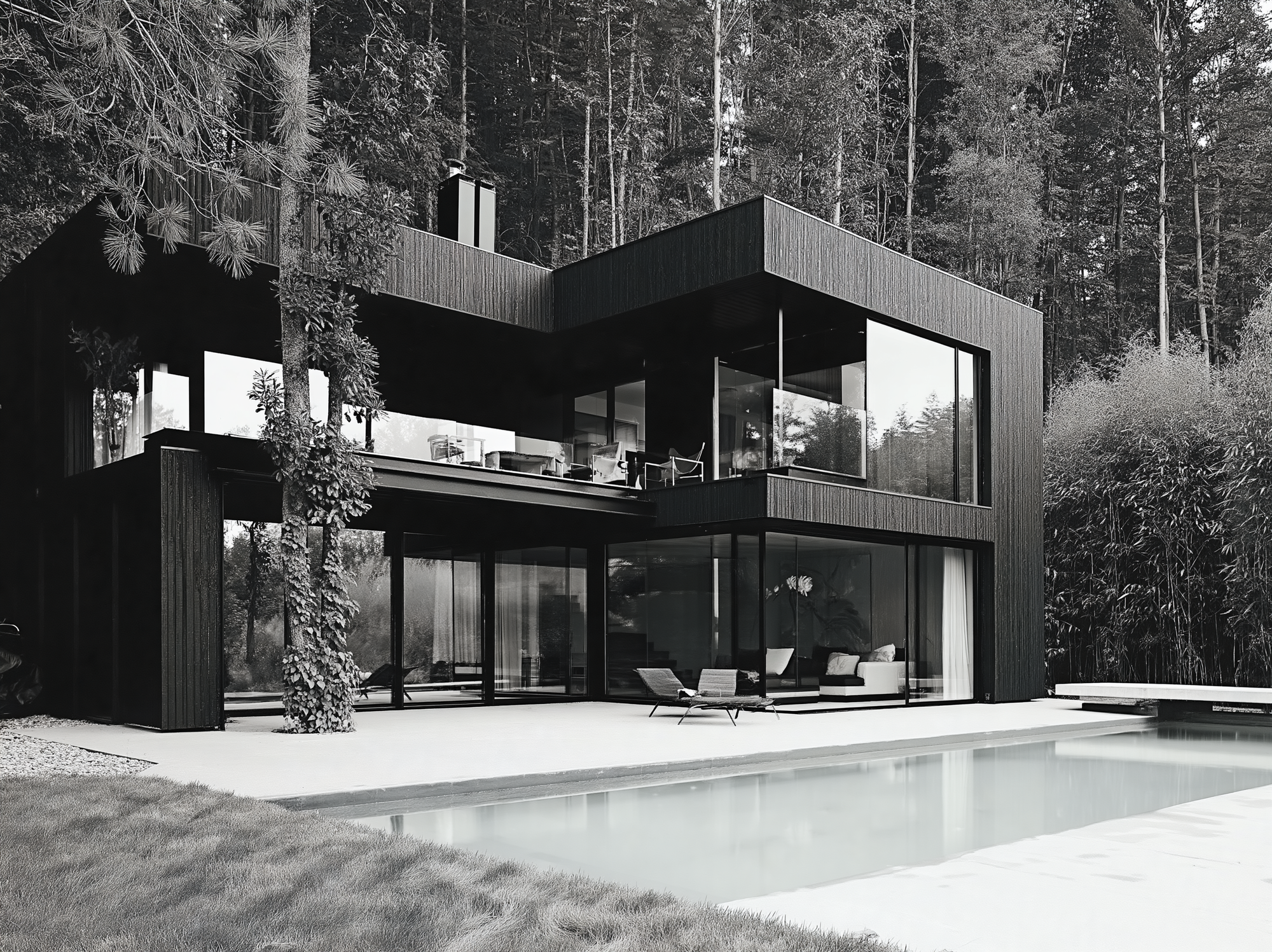 Maison contemporaine à larges ouvertures générée par Midjourney V8