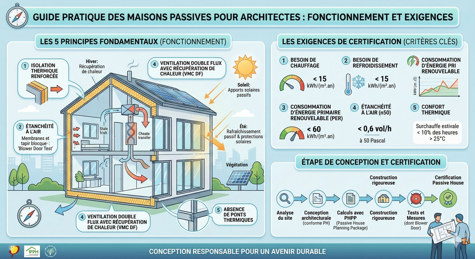Infographie générée par Nano Banana 2 sur les exigences des maisons passives