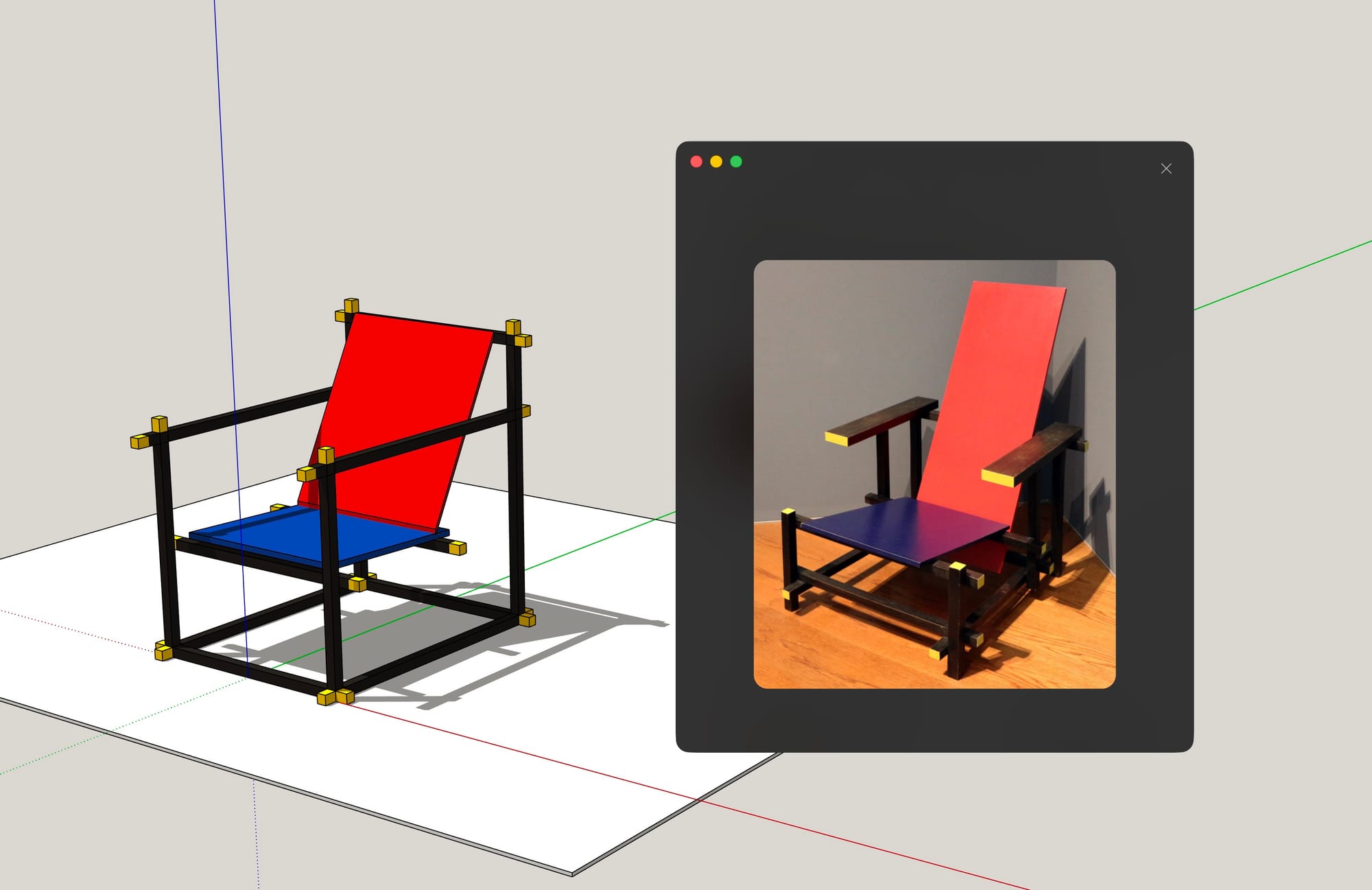 Chaise rouge et bleue de Rietveld modélisée dans SketchUp par Claude via MCP, à côté de la photo de référence