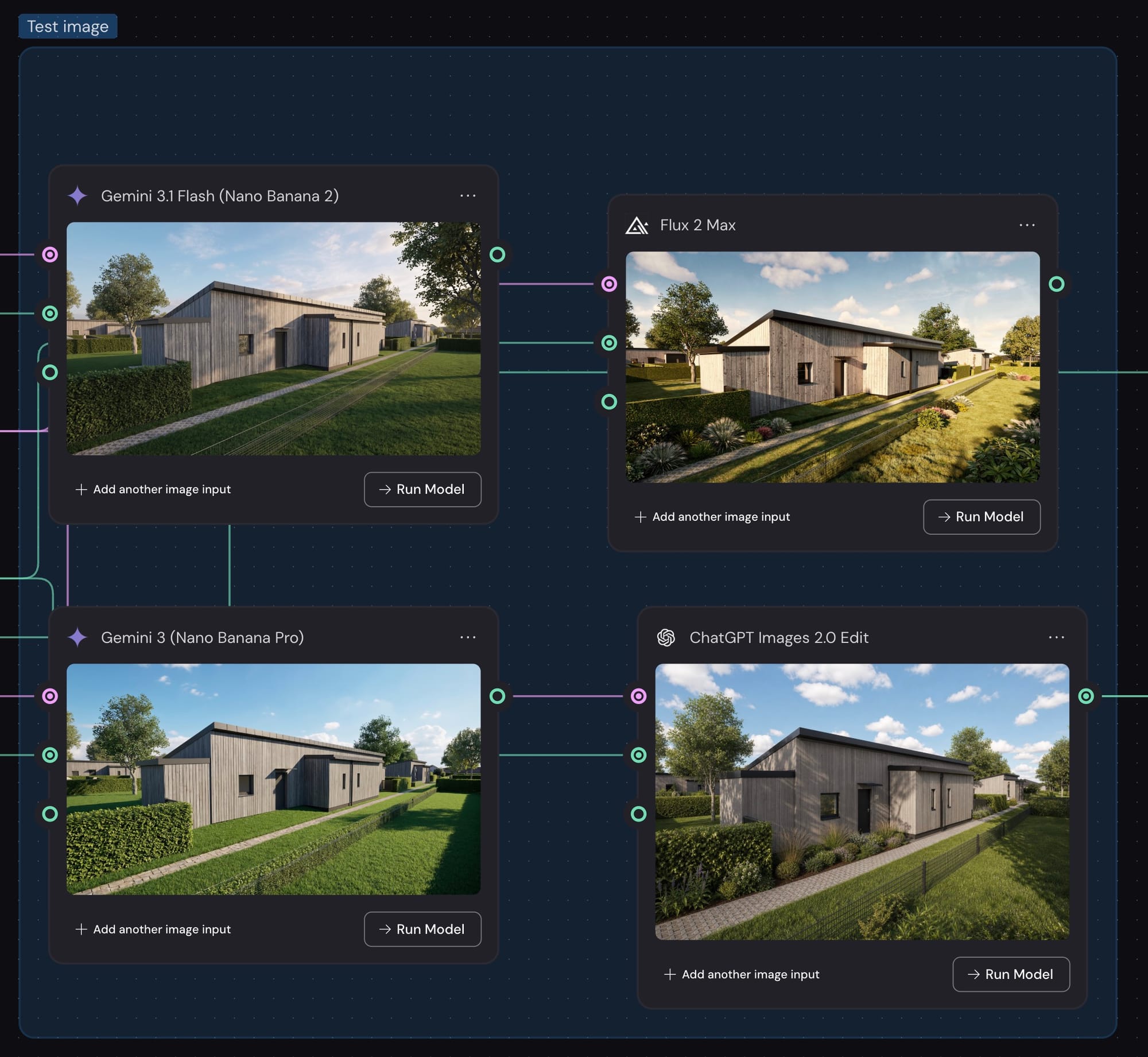 Interface Weavy comparant le même rendu de maison en bois par quatre modèles : Nano Banana 2, Nano Banana Pro, Flux 2 Max et ChatGPT Images 2.0