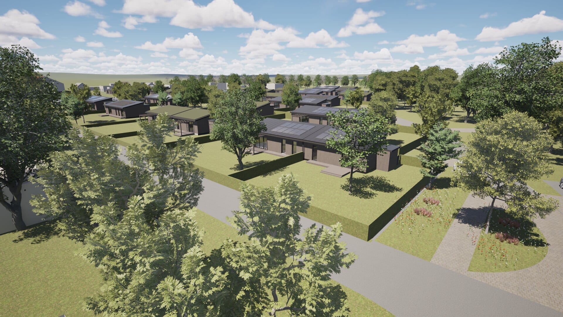 Vue aérienne d'un lotissement de maisons de plain-pied à toiture végétalisée, rendu Twinmotion brut avant traitement par IA