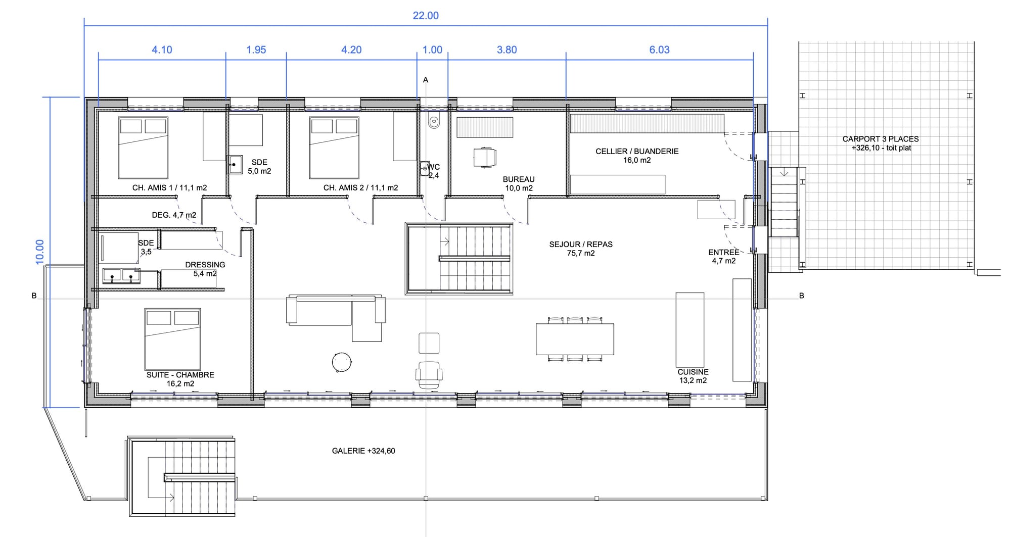 Plan du rez-de-chaussée dessiné par l'IA dans Revit : séjour de 75 m², trois chambres, bureau, cellier et galerie avec escalier extérieur