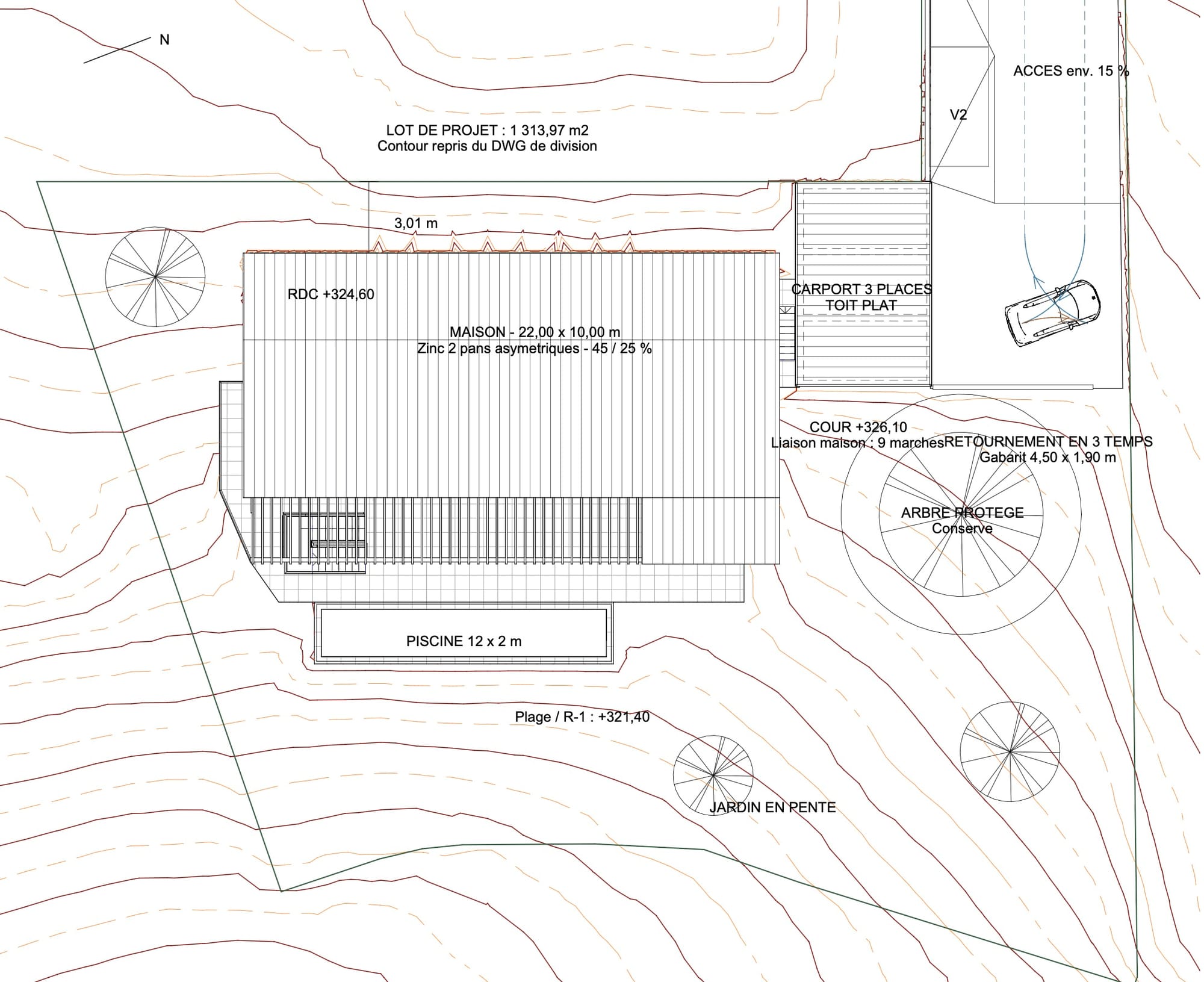 Plan masse Revit dessiné par l'IA : maison de 22 x 10 m en toiture zinc deux pans, carport 3 places, aire de retournement et piscine sur un terrain en pente