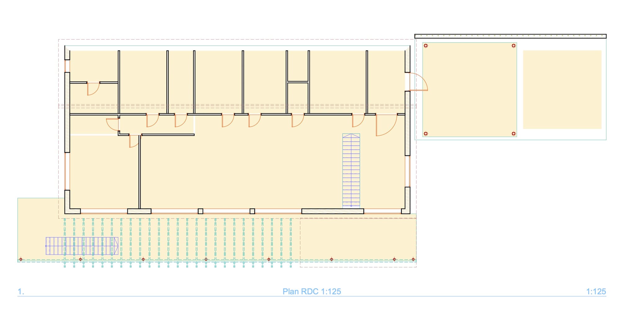 Plan du rez-de-chaussée produit dans Archicad, sans mobilier, avec le carport et la galerie