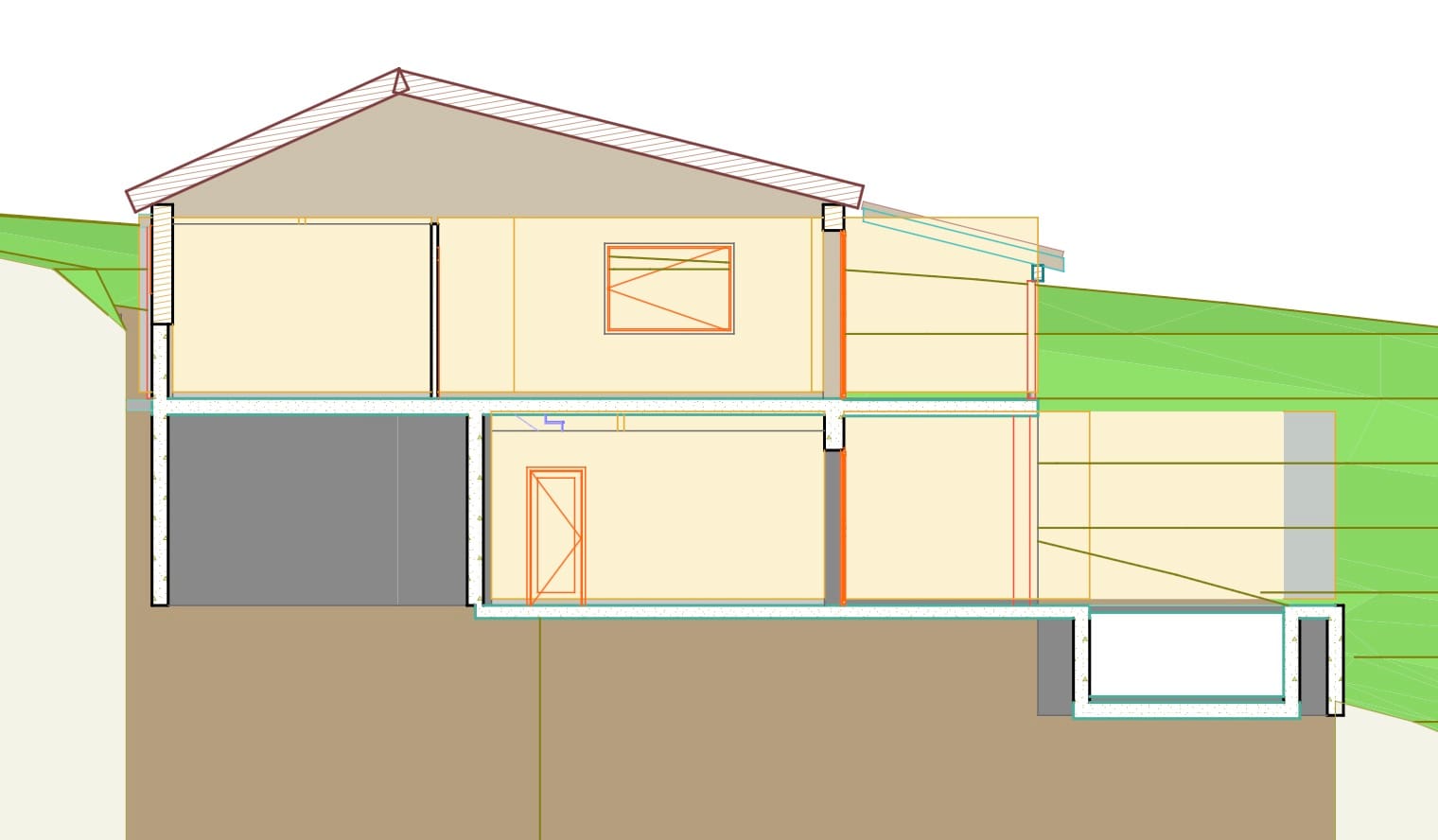 Coupe produite par Claude Fable dans Archicad : volume sur deux niveaux encastré dans le terrain, toiture deux pans et piscine en contrebas