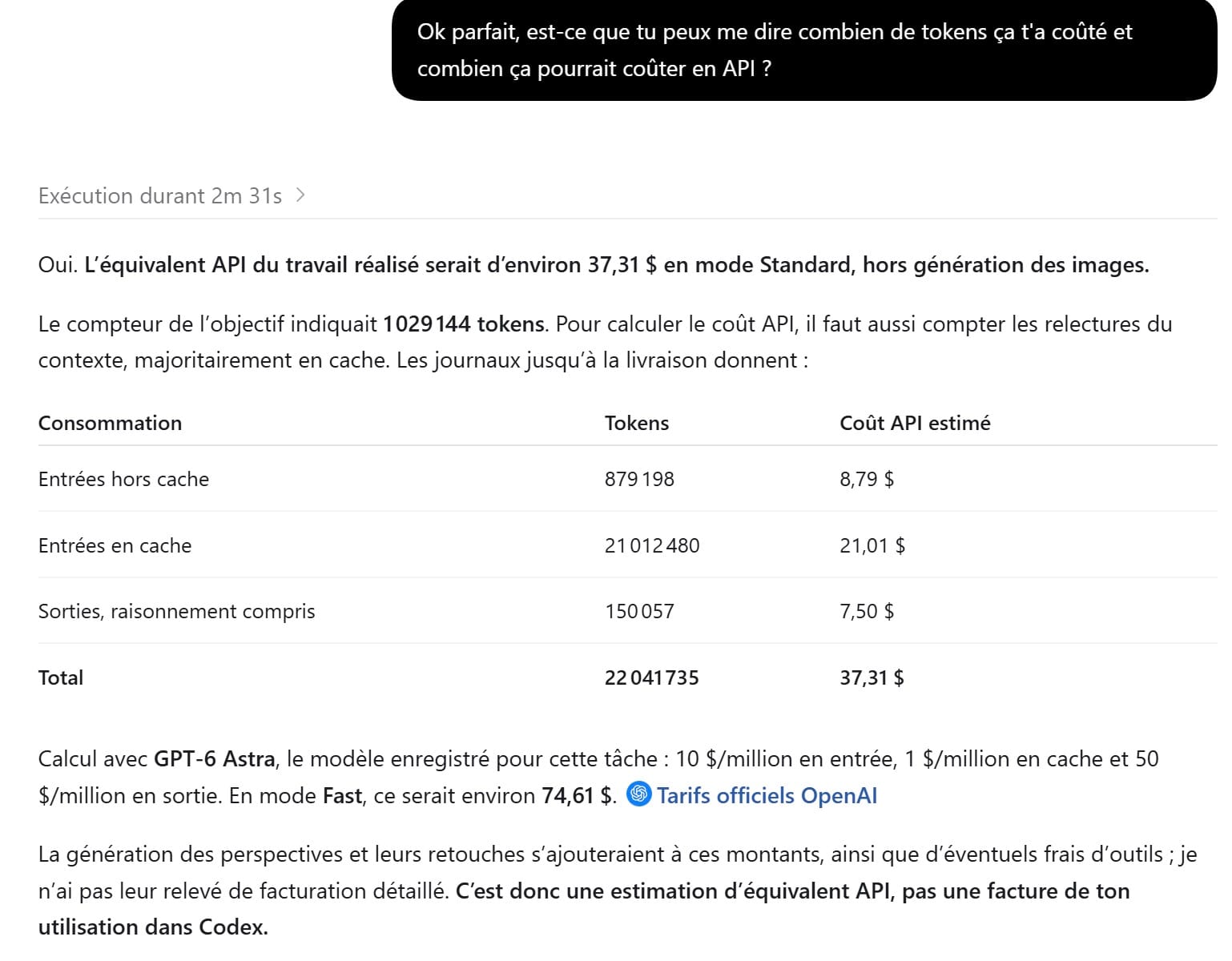Réponse du modèle estimant le coût API de la session : 22 millions de tokens, environ 37 dollars hors génération d'images