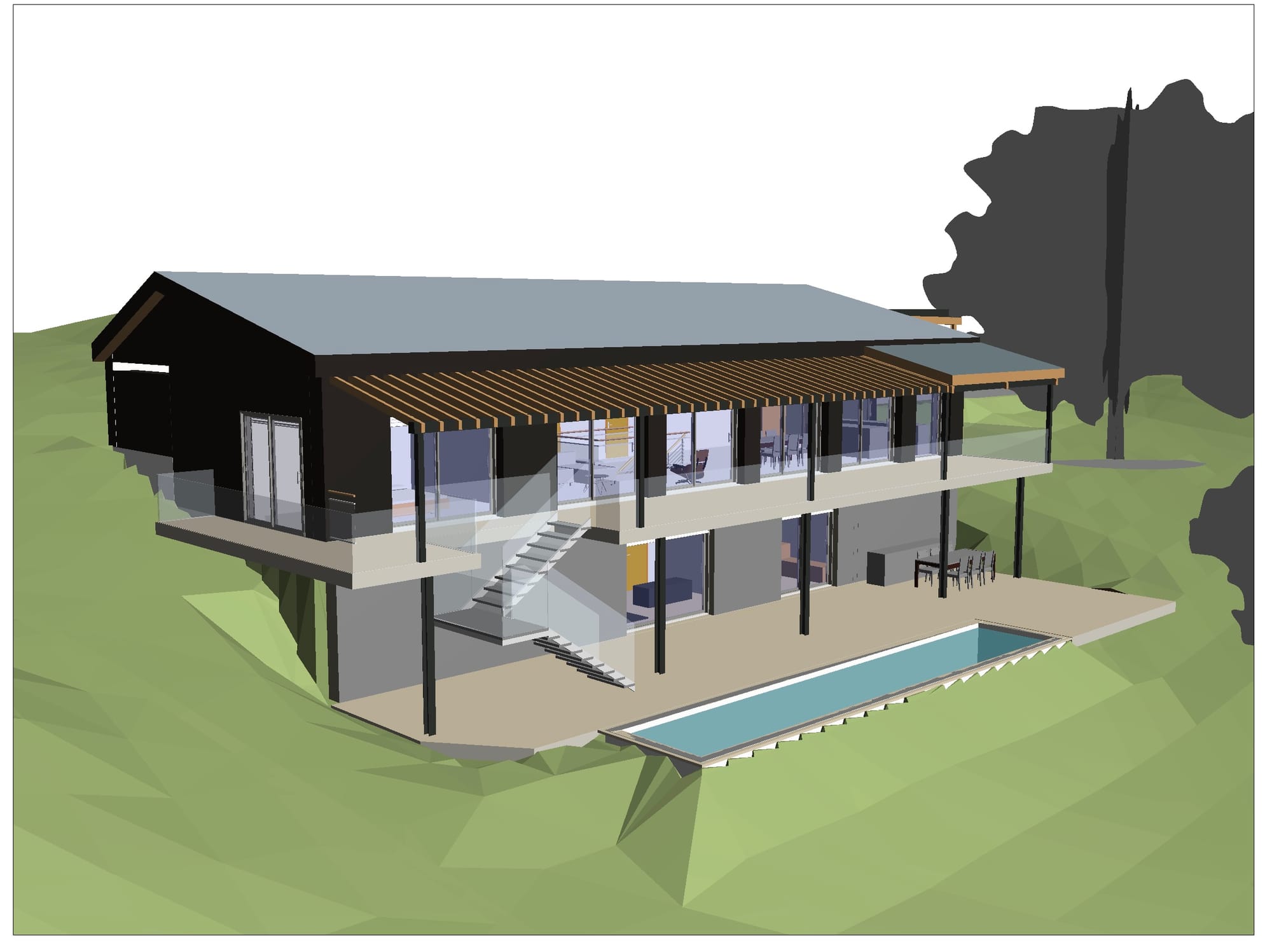 Vue 3D brute exportée du modèle Revit : maison ossature bois sur soubassement béton, pergola, terrasse et piscine