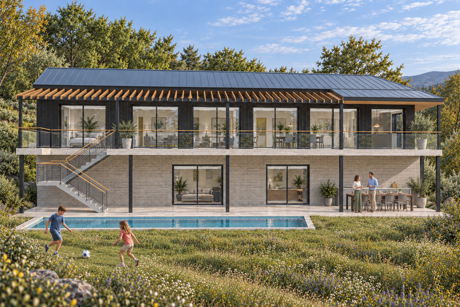Rendu photoréaliste de la façade jardin : galerie vitrée à l'étage, escalier extérieur, cuisine d'été et piscine