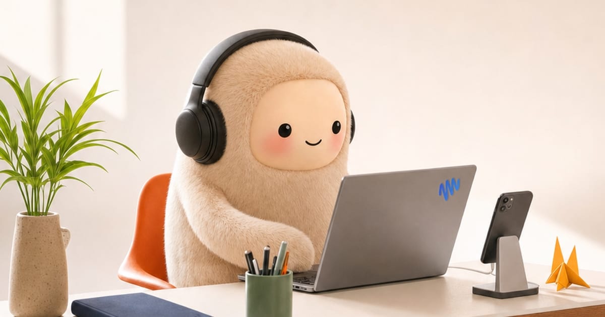 Mascotte de Meta Muse, une peluche beige avec un casque audio, devant un ordinateur