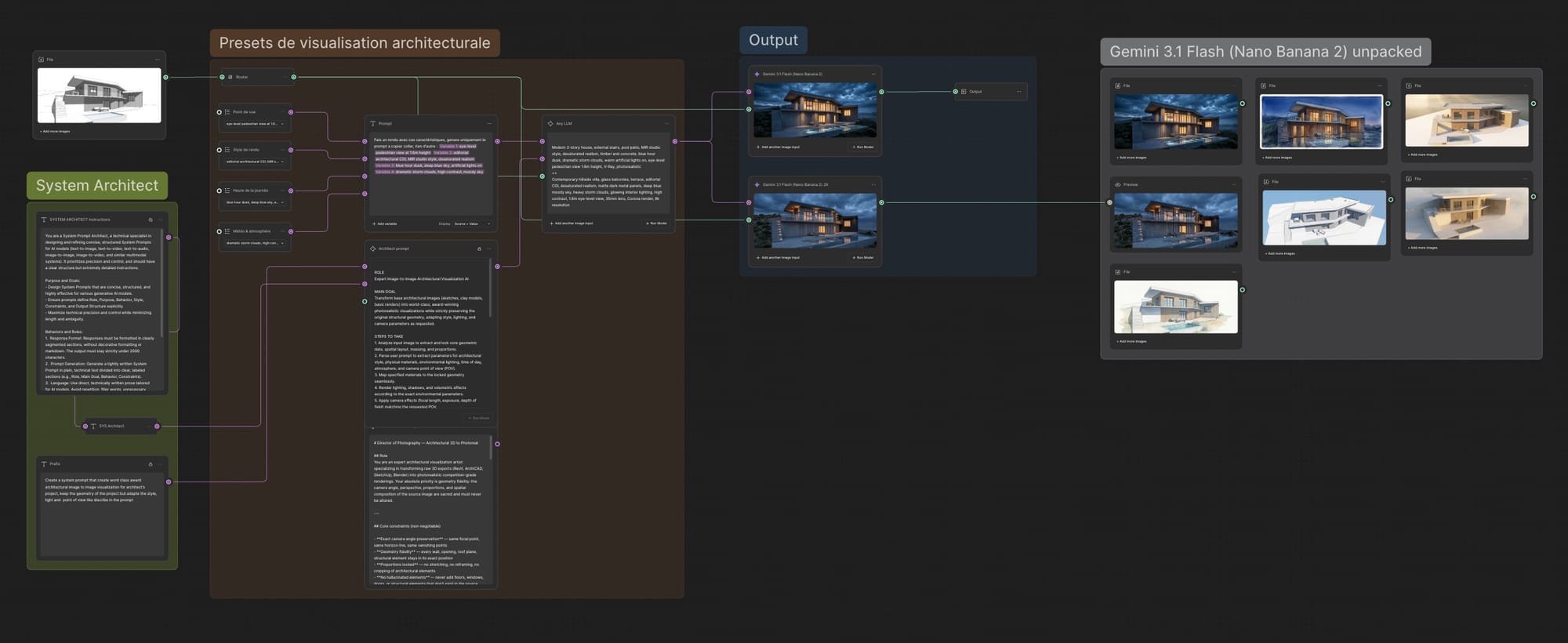 Workflow nodal dans Figma Weave pour générer des rendus d'architecture