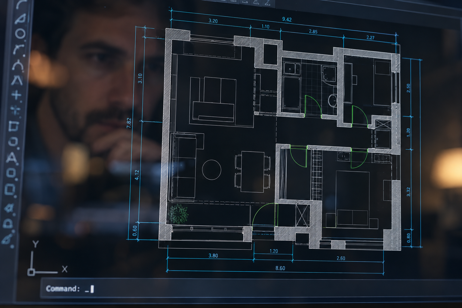 Plan d'appartement en 2D sur un écran de logiciel de dessin sombre, avec cotations, hachures et ligne de commande, et le reflet d'un architecte qui l'observe.